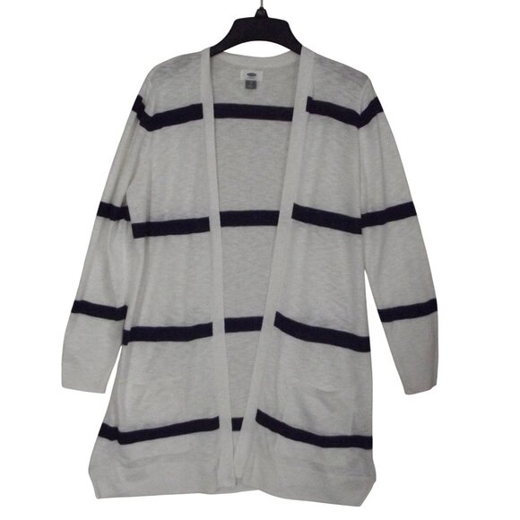 Old Navy Cardigan Sweater Womens Size Large Cream Navy Blue Striped pockets Midi - Picture 2 of 12